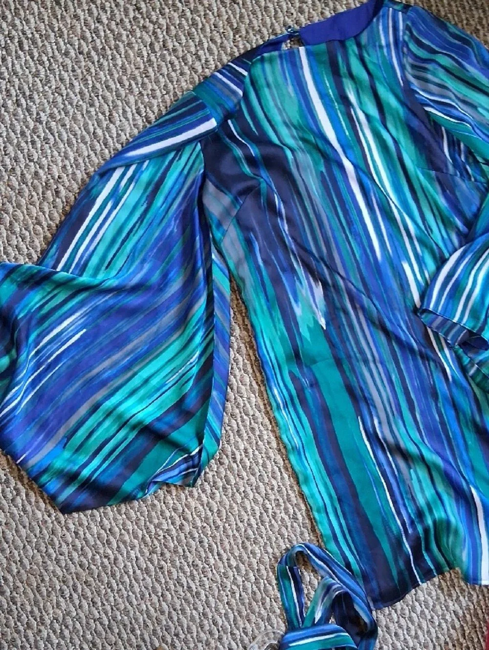 Laundry By Shelli Segal Blue and Green Vertical-Stripe Long Sleeve Dress